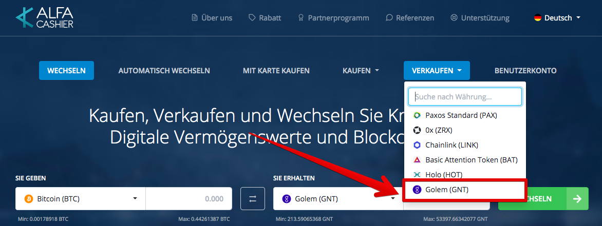 Wie verkauft man Golem (GNT)