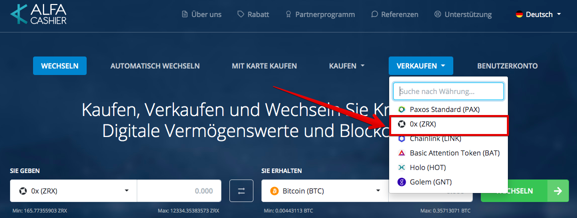 Wie verkauft man 0x (ZRX)